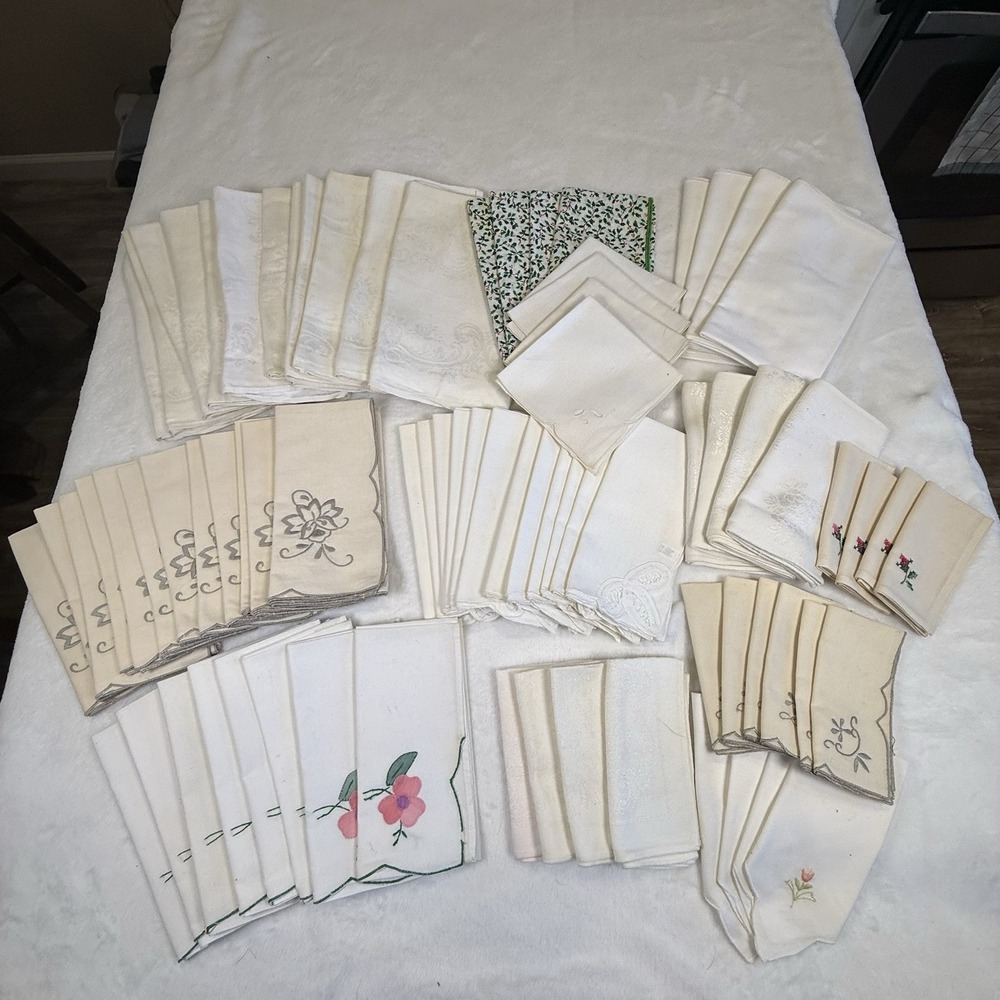 84 Pc Vintage Linen Napkin Lot Embroidered Damask Floral Estate Table Linens